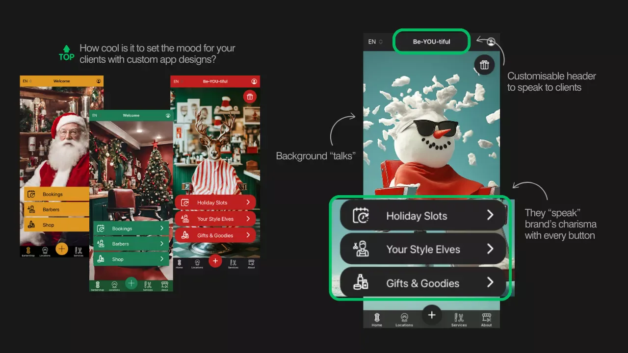App de barbería con decoración navideña