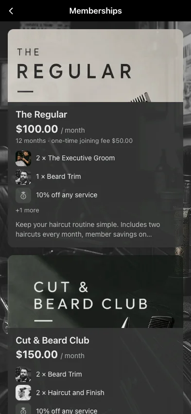 Planes de membresía en una app de barbería con marca propia
