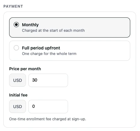 Pago: precio mensual y cuota de alta
